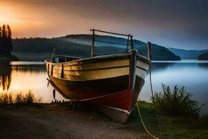 ein Boot sitzt auf das Ufer von ein See beim Sonnenuntergang. KI-generiert foto