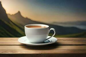 ein Tasse von Tee auf ein hölzern Tabelle im Vorderseite von ein Berg Sicht. KI-generiert foto
