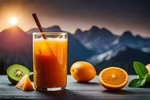 Orange Saft mit Kiwi und Kiwi auf das Tisch. KI-generiert foto