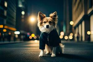 ein Hund im ein Jacke Sitzung auf das Straße beim Nacht. KI-generiert foto