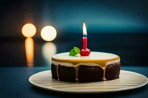 ein Geburtstag Kuchen mit ein Kerze auf Es. KI-generiert foto