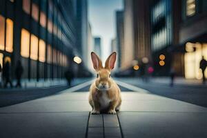 ein Hase ist Sitzung auf das Bürgersteig im ein Stadt. KI-generiert foto