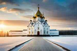 das Russisch orthodox Kathedrale im das Schnee. KI-generiert foto