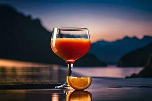 ein Glas von Orange Saft mit ein Scheibe von Orange auf das Tisch. KI-generiert foto