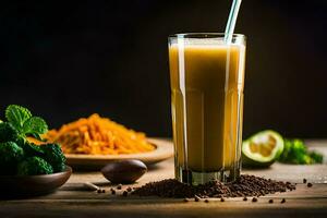 ein Glas von Orange Saft mit ein Löffel von Gewürze. KI-generiert foto