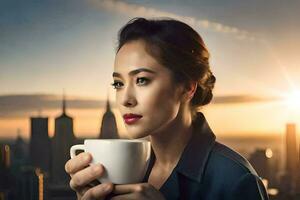 ein Frau halten ein Kaffee Tasse im Vorderseite von ein Stadtbild. KI-generiert foto