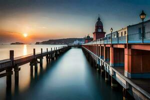 ein Seebrücke mit ein rot Gebäude und ein Uhr Turm beim Sonnenuntergang. KI-generiert foto