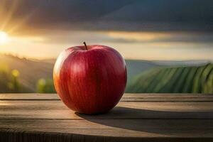 ein Apfel sitzt auf ein hölzern Tabelle im Vorderseite von ein Sonnenuntergang. KI-generiert foto