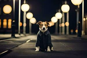 ein Hund im ein Mantel Sitzung auf das Straße beim Nacht. KI-generiert foto