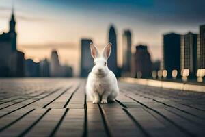 ein Weiß Hase Sitzung auf ein hölzern Fußboden im Vorderseite von ein Stadt Horizont. KI-generiert foto