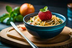 ein Schüssel von Pasta mit ein Erdbeere auf oben. KI-generiert foto