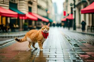 ein Katze tragen ein rot Bandana Gehen Nieder ein Straße. KI-generiert foto