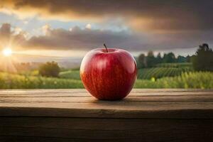 ein Apfel auf ein hölzern Tabelle im Vorderseite von ein Sonnenuntergang. KI-generiert foto