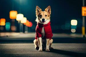 ein Hund tragen ein rot Jacke Sitzung auf das Straße beim Nacht. KI-generiert foto