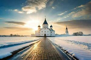 ein Kirche im das Schnee mit das Sonne Rahmen hinter Es. KI-generiert foto