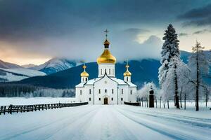 ein Weiß Kirche mit golden Kuppeln im das Schnee. KI-generiert foto