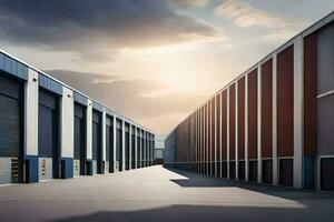 ein lange Reihe von industriell Gebäude mit ein Sonne Rahmen hinter ihnen. KI-generiert foto