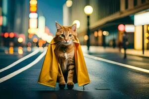 ein Katze tragen ein Gelb Regenjacke auf das Straße. KI-generiert foto