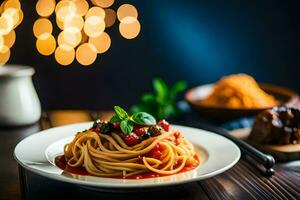 Spaghetti mit Tomate Soße und Basilikum auf ein Platte. KI-generiert foto