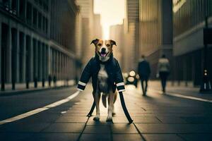 ein Hund tragen ein Jacke Gehen Nieder ein Stadt Straße. KI-generiert foto