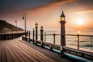 ein Seebrücke mit hölzern Bänke und Lampen beim Sonnenuntergang. KI-generiert foto