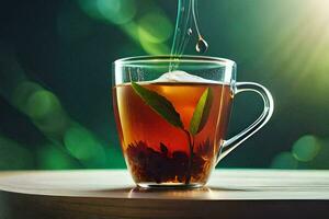 ein Glas Tasse von Tee mit ein Blatt auf das Tisch. KI-generiert foto