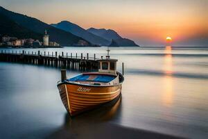 ein Boot sitzt auf das Ufer beim Sonnenuntergang. KI-generiert foto