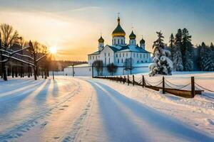 das Sonne setzt Über ein schneebedeckt Straße führen zu ein Kirche. KI-generiert foto