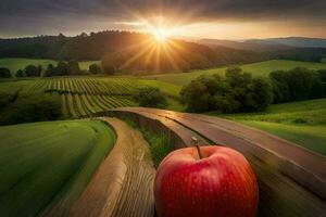 ein Apfel auf ein hölzern Spur im Vorderseite von ein Sonnenuntergang. KI-generiert foto