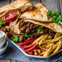 Döner mit gebraten Kartoffeln auf das Seite im Tafel Kochgeschirr foto