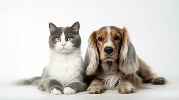 Hund und Katze zusammen, Haustier auf Weiß Hintergrund. generativ ai foto