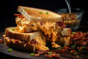 ai generativ. schließen oben von ein Sandwich mit Piment Käse auf ein hölzern Tisch. foto