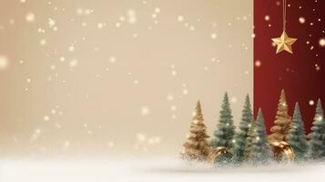 Weihnachten Baum, Schnee, Weihnachten Dekoration, Neu Jahr Banner, Gold und rot Hintergrund mit Kopieren Raum foto