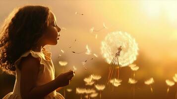 Mädchen weht Löwenzahn Samen, Herstellung ein Wunsch im das golden Licht von Sonnenuntergang. generativ ai foto