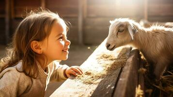 Kind auf ein Bauernhof, das Freude von Fütterung Tiere und Verstehen das Kreis von Leben. generativ ai foto