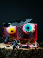 rot Cocktail mit Augen, Spinnen, Fledermäuse und gummiartig Würmer auf ein schwarz Hintergrund zum Halloween. glücklich Halloween. Nahansicht. selektiv Fokus. foto