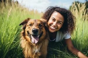 Lachen Frau und ihr Hund Lügen auf das drastisch zusammen, oben Sicht, ai generiert foto