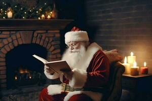 Santa claus Sitzung in der Nähe von Kamin und lesen Weihnachten Briefe oder mit Liste. ai generiert. foto