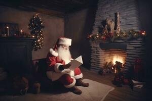 Santa claus Sitzung in der Nähe von Kamin und lesen Weihnachten Briefe oder mit Liste. ai generiert. foto