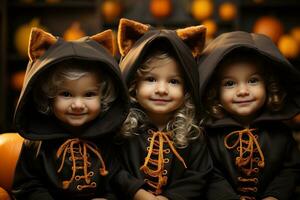 Kinder im Kostüm feiern Halloween. ai generiert foto