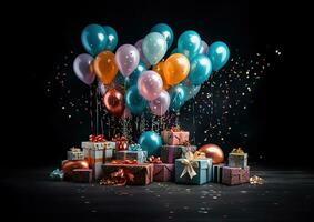 Geschenk Kisten, Konfetti und bunt Luftballons. generativ ai. foto