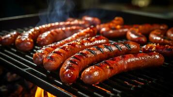 Grill mit köstlich gegrillt Würste auf Grill draußen, Nahaufnahme. ai generativ foto