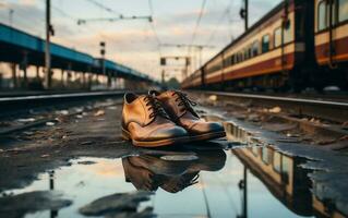 ai generativ. verlassen Schuhe auf das Plattform von ein Eisenbahn Bahnhof foto