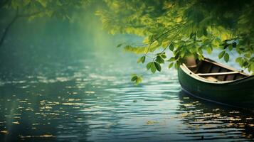 Boot und Blätter auf das Oberfläche von Wasser, See oder Teich. generativ ai foto