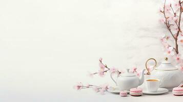 Banner die Geschenke ein festlich Tee Einstellung, ein aufwendig Teekanne, Tassen, Gebäck, einstellen gegen ein Hintergrund von Blühen Kirsche blüht. generativ ai foto