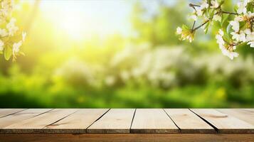 hölzern Garten Schreibtisch, frisch Blumen, Frühling oder Sommer- Landschaft, verwischen Hintergrund. generativ ai foto