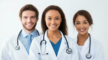 glücklich jung weiblich Arzt, medizinisch Uniform, Krankenschwester, Apotheker, Weiß isoliert Hintergrund. generativ ai foto