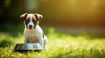 Hund und Schüssel mit Essen oder Wasser, Sommer- Natur Hintergrund. generativ ai foto