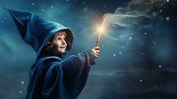 Kind im ein Magier Kostüm, winken ein magisch Zauberstab, Phantasie drehen gewöhnliche zu außerordentlich. generativ ai foto
