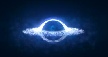 hell schwarz Loch im öffnen Raum mit Spinnen Energie Partikel, kosmisch Kugel im Blau und lila Farbe glühend abstrakt Hintergrund foto
